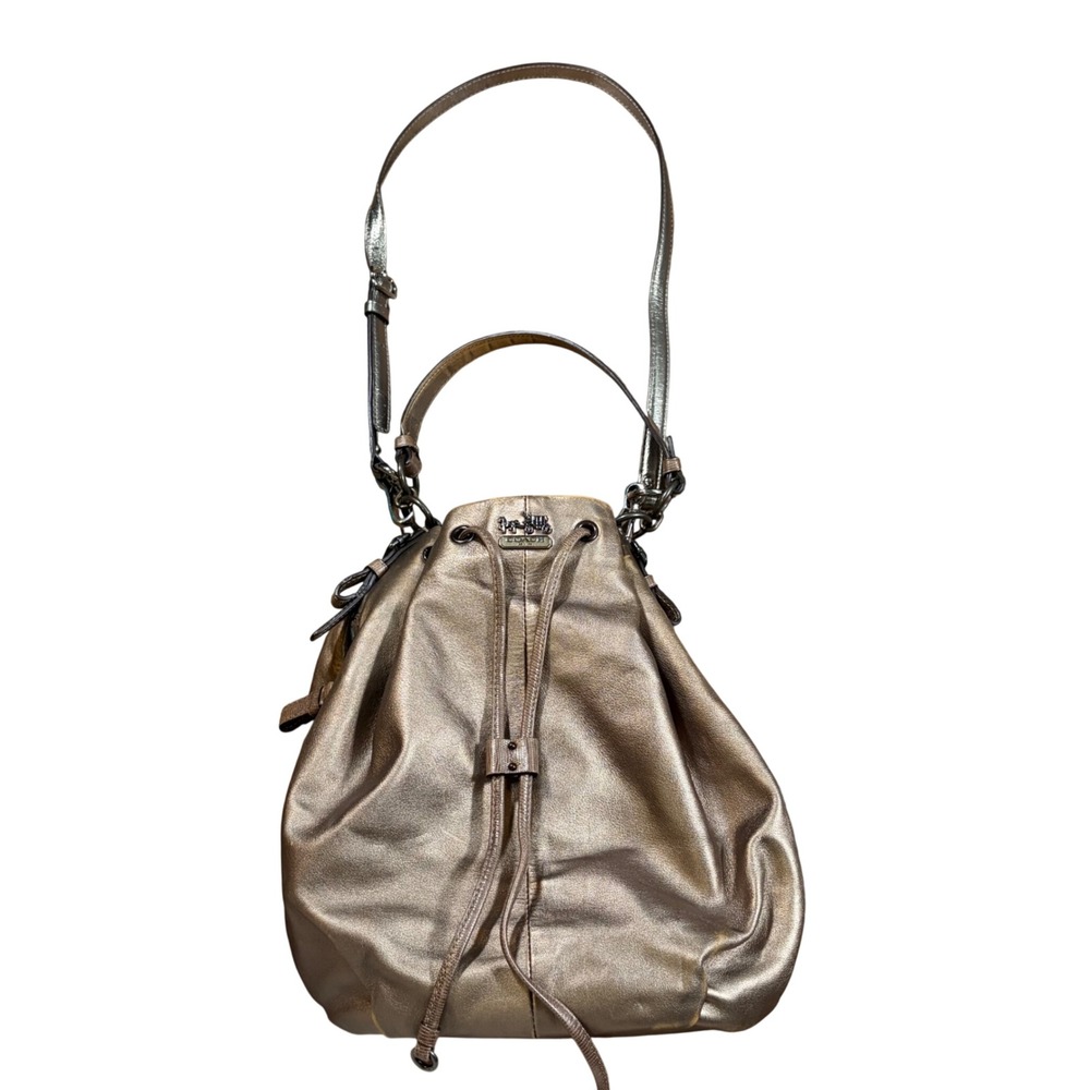 Slouchy Boho Y2K Coach Madison Metallic Leather Drawstring Bucket Bag Bronze
